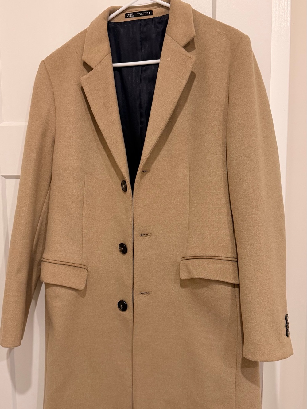 Zara Tan Single-Breasted Wool Coat with Black Lining